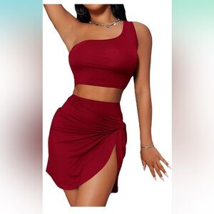 Sexy Red 2 Piece One Shoulder Top & Short Skirt Outfit